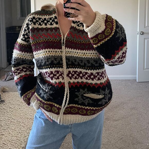 Sweaters - Handmade in Ecuador Zip-Front Oversized Boho 100% Wool‎ Sweater Cardigan